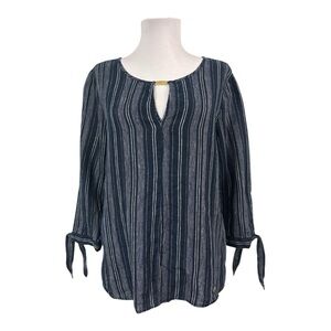 Ellen Tracy Women's Small Pullover Striped Blue White 3/4 Sleeves Tie Cuff